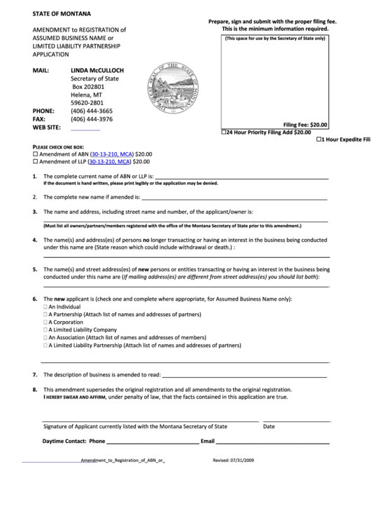 Amendment To Registration Of Assumed Business Name Or Limited Liability Partnership Application Form Printable pdf