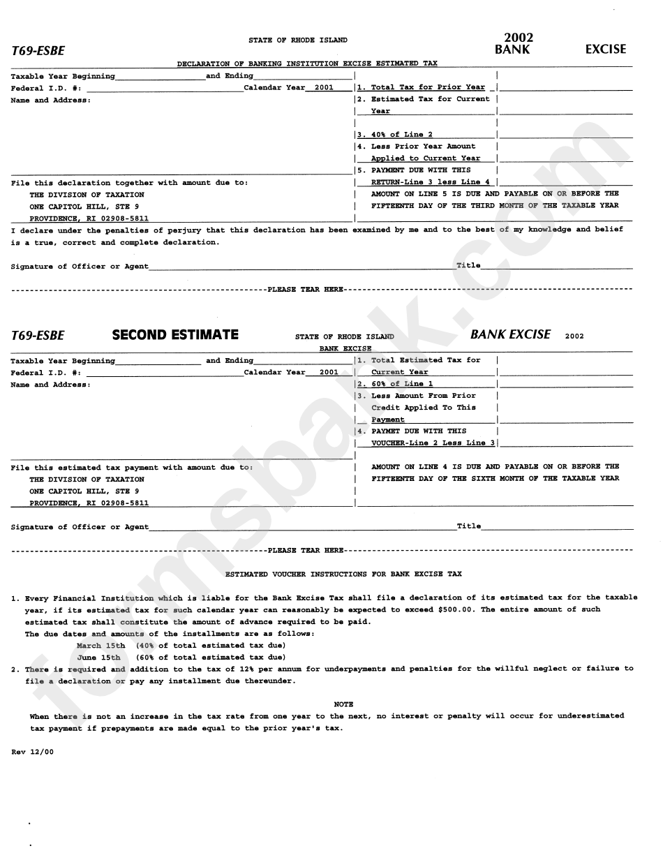 Form T69-Esbe - Declaration Of Banking Institution Excise Estimsted Tax