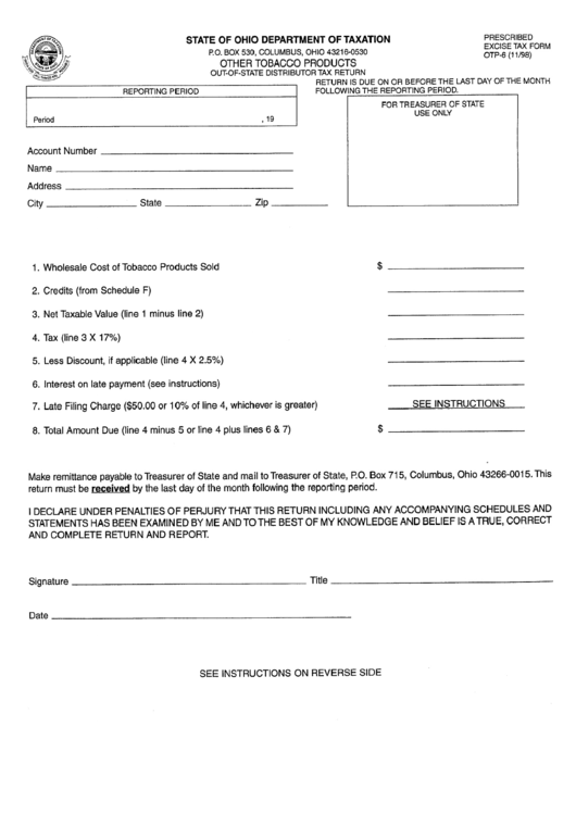 Form Otp-6 - Other Tobacco Products Tax Return Printable pdf