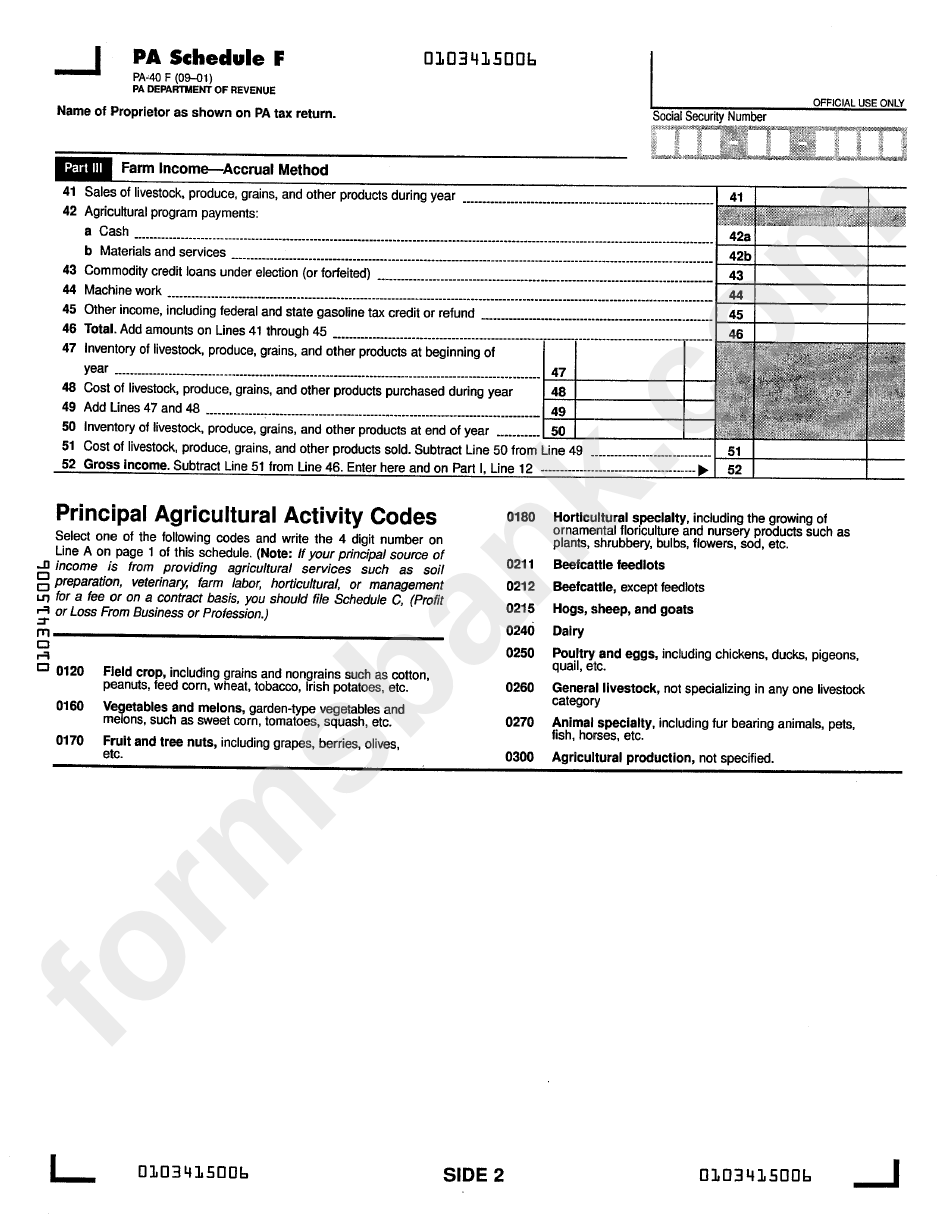 Form Pa-40f - Schedule F - Farm Income And Expenses