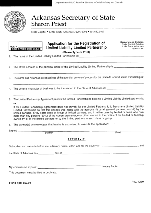 Application For The Registration Of Limited Liability Limited Partnership Form Printable pdf