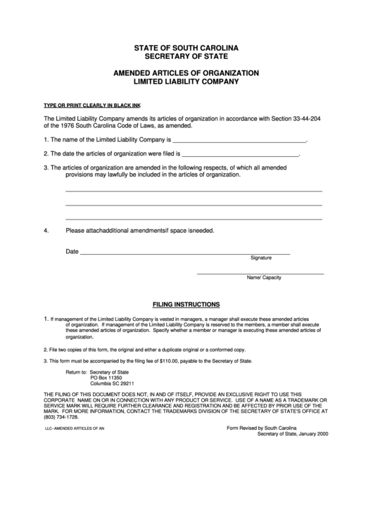 Fillable Amended Articles Of Organization Form - Limited Liability Company - 2000 Printable pdf