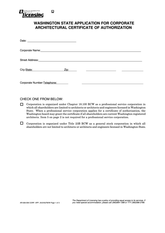 Washington State Application For Corporate Architectural Certificate Of Authorization Form - 2000 Printable pdf
