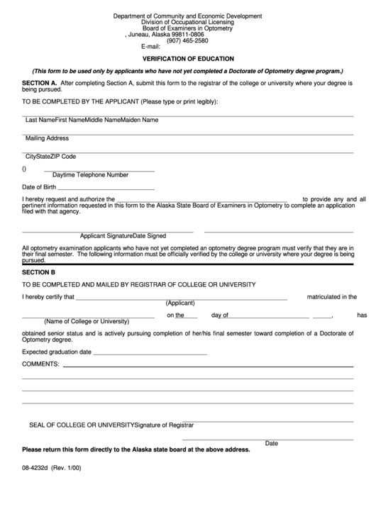 Form 08-4232d - Verification Of Education - Department Of Community And Economic Development Printable pdf