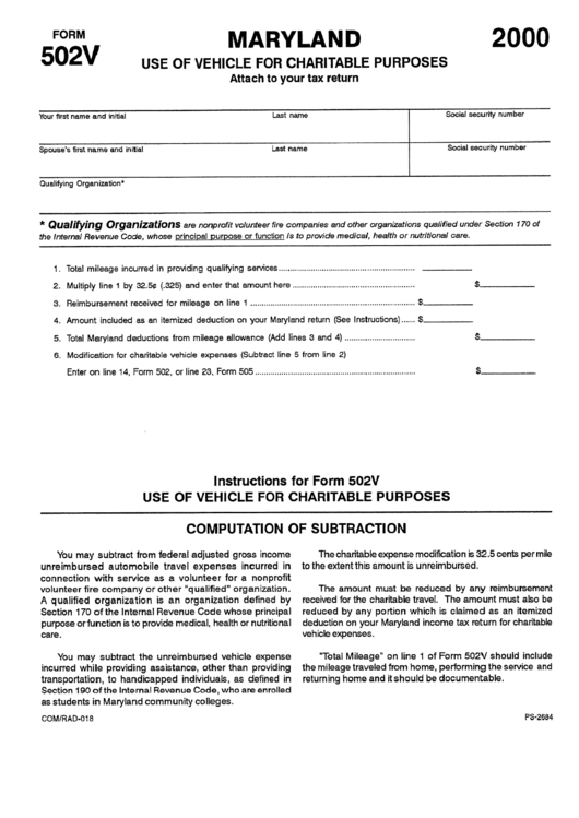 Form 502v - Use Of Vehicle For Charitable Purposes - 2000 Printable pdf