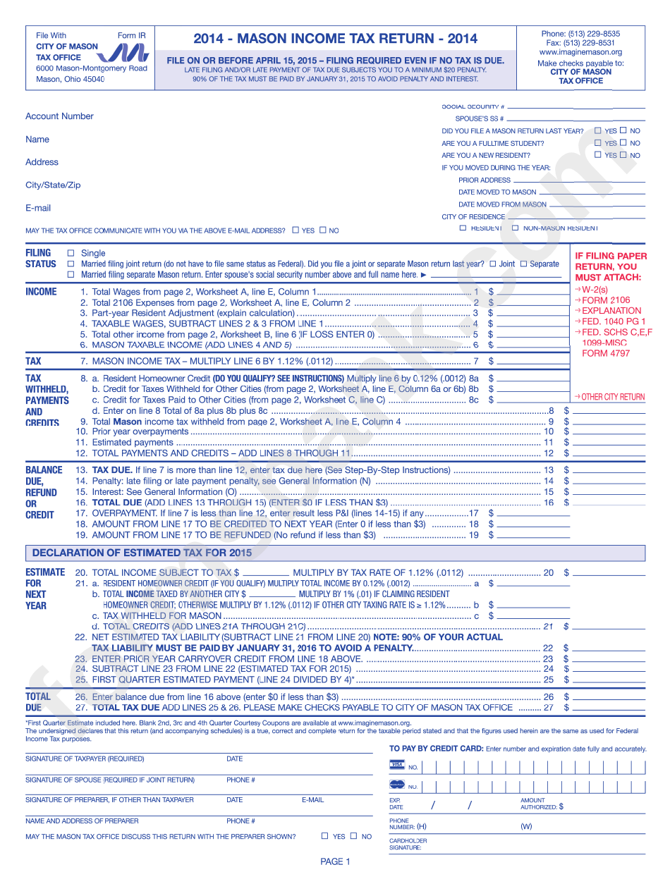 Form Ir - Mason Income Tax Return - 2014