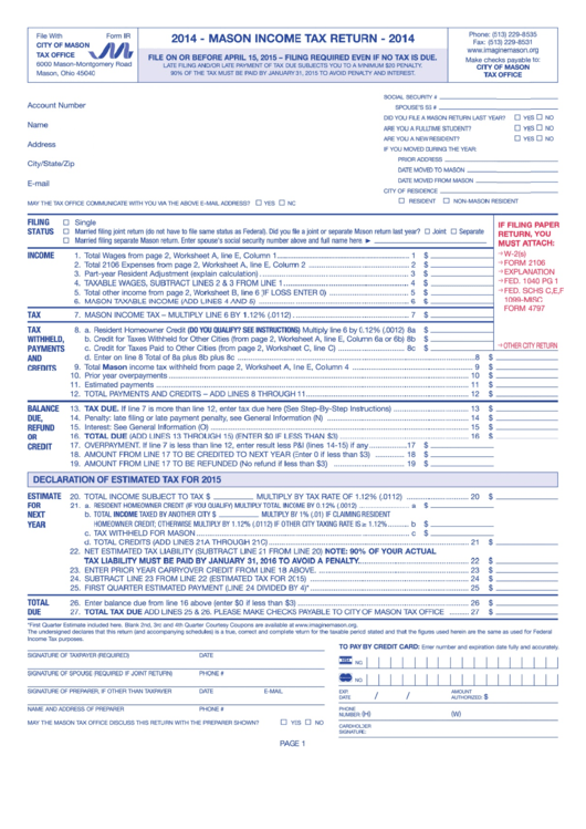 Form Ir - Mason Income Tax Return - 2014 Printable pdf