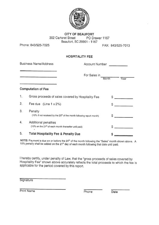 Hospitality Fee Form - City Of Beaufort Printable pdf