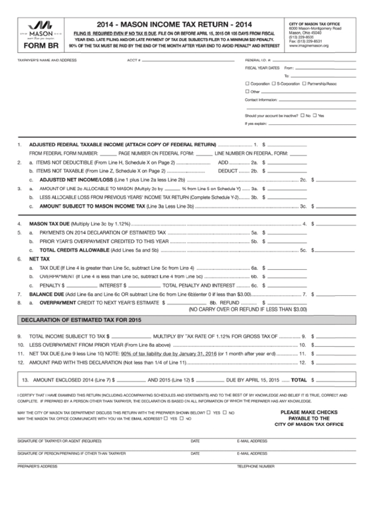 Form Br - Mason Income Tax Return - 2014 Printable pdf