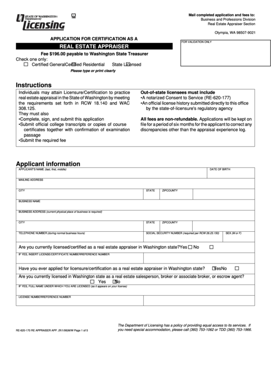 Form Re-620-170 - Application For Certification As A Real Estate Appraiser Printable pdf