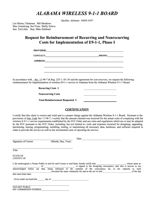 Request For Reimbursement Of Recurring And Nonrecurring Costs For Implementation - Alabama Printable pdf