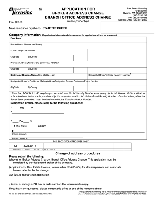 Fillable Form Re-620-029 - Application For Broker Address Change - 2000 Printable pdf