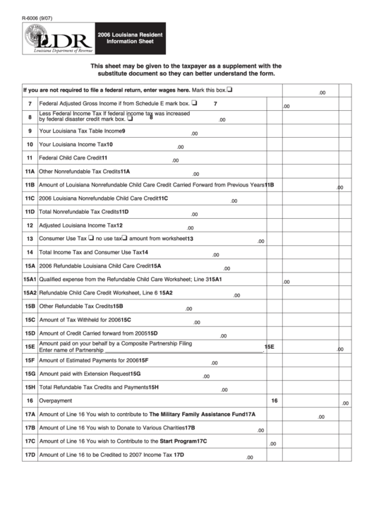 Form R-6006 - 2006 Louisiana Resident Information Sheet - Louisiana Department Of Revenue Printable pdf