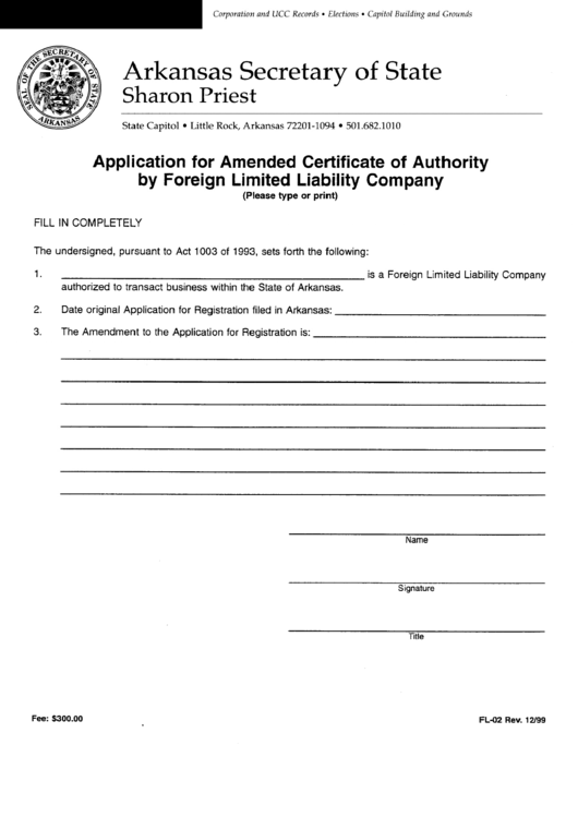 Form Fl-02 - Application For Amended Certificate Of Authority By Foreign Limited Liability Company Printable pdf