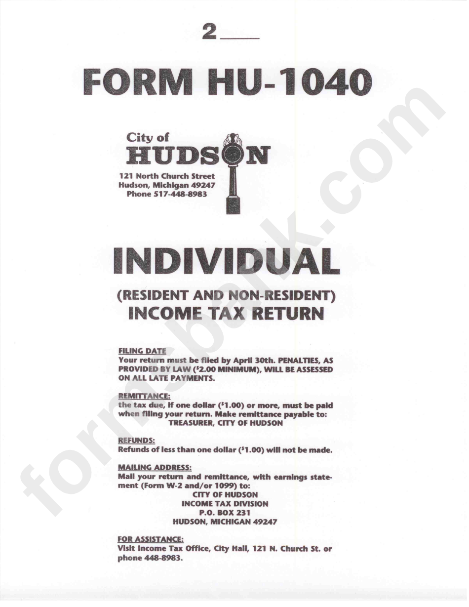 Form Hu-1040 - Individual Income Tax Retirn Instructions - City Of Hudson