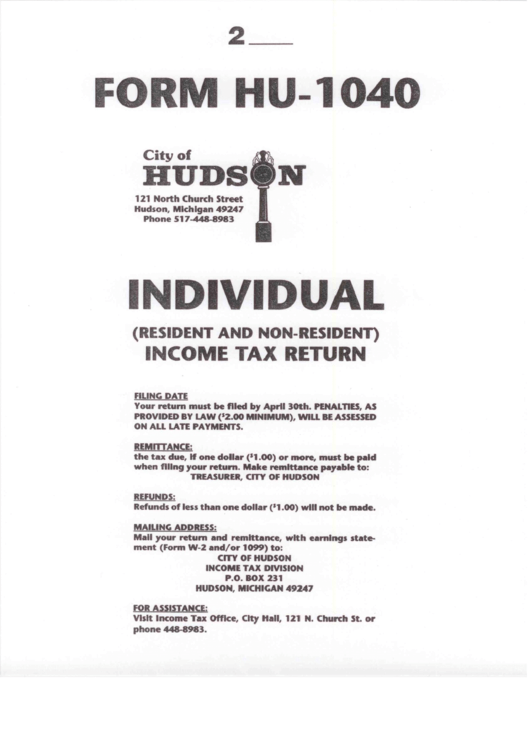 Form Hu-1040 - Individual Income Tax Retirn Instructions - City Of Hudson Printable pdf