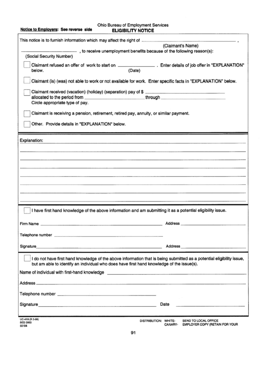 Form Uc-419 - Eligibility Notice Printable pdf