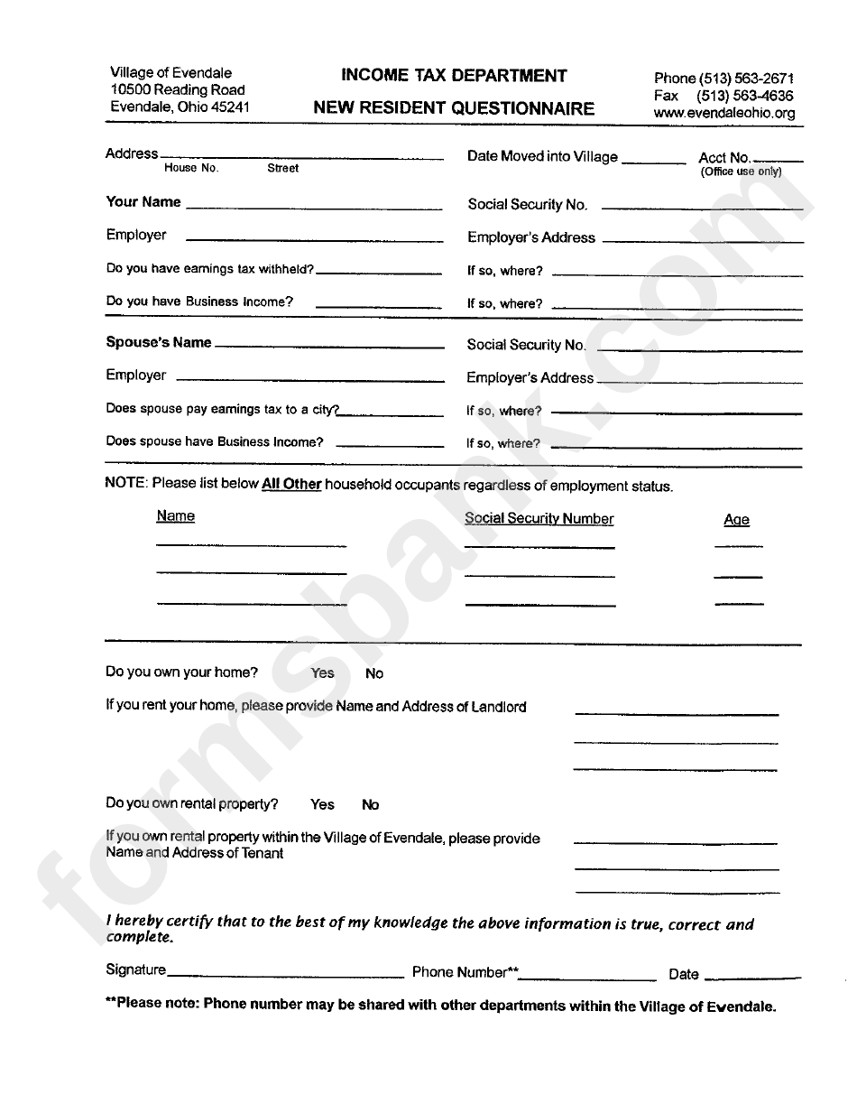 New Resident Questionnaire Form - Income Tax Department - Evendale - Ohio