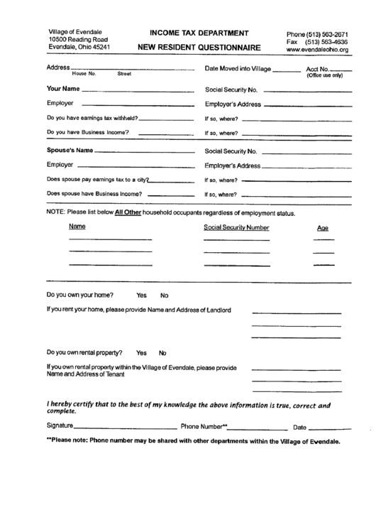 New Resident Questionnaire Form - Income Tax Department - Evendale - Ohio Printable pdf