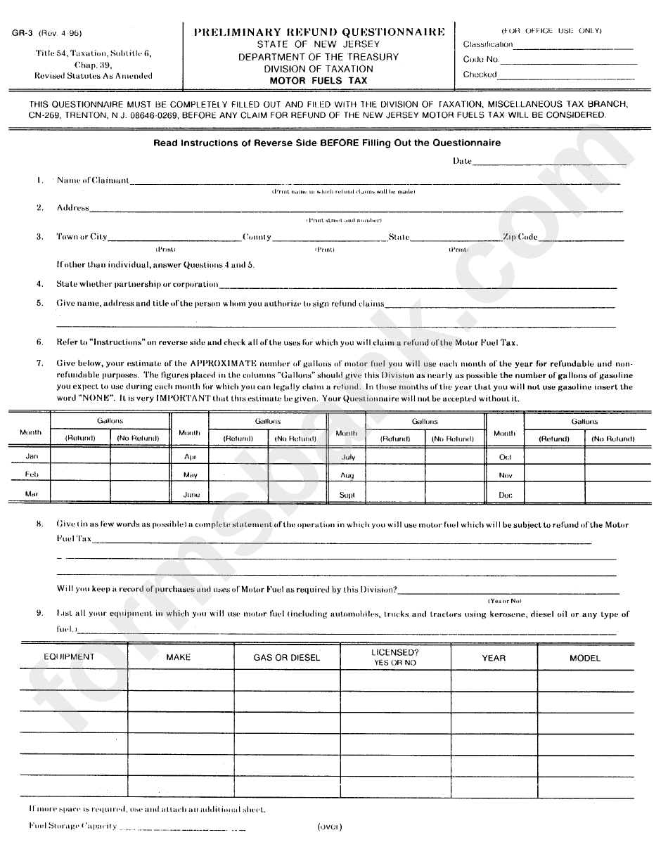 Form Gr-3 - Preliminary Refund Questionaire Motor Fuels Tax