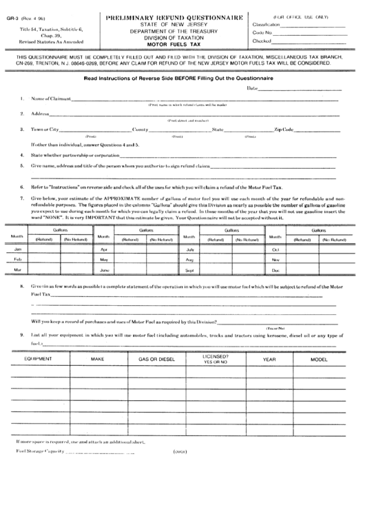 Fillable Form Gr-3 - Preliminary Refund Questionaire Motor Fuels Tax Printable pdf