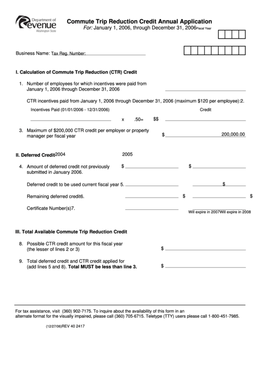 Form Rev 40 2417 - Commute Trip Reduction Credit Annual Application Form - Department Of Revenue Printable pdf