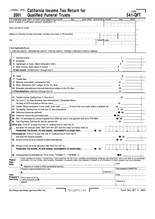 Form 541-Qft - California Income Tax Return For Qualified Funeral Trusts - 2001 Printable pdf