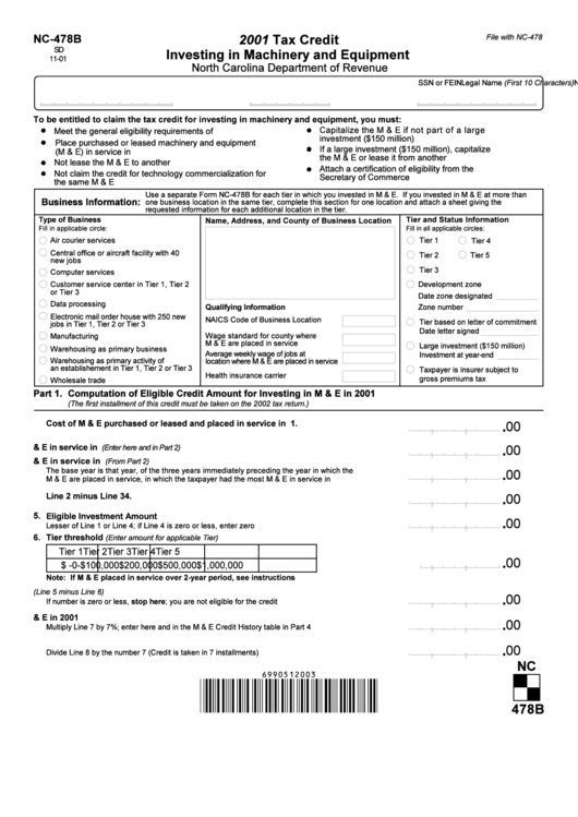 Form Nc-478b - Tax Credit Investing In Machinery And Equipment 2001 Printable pdf
