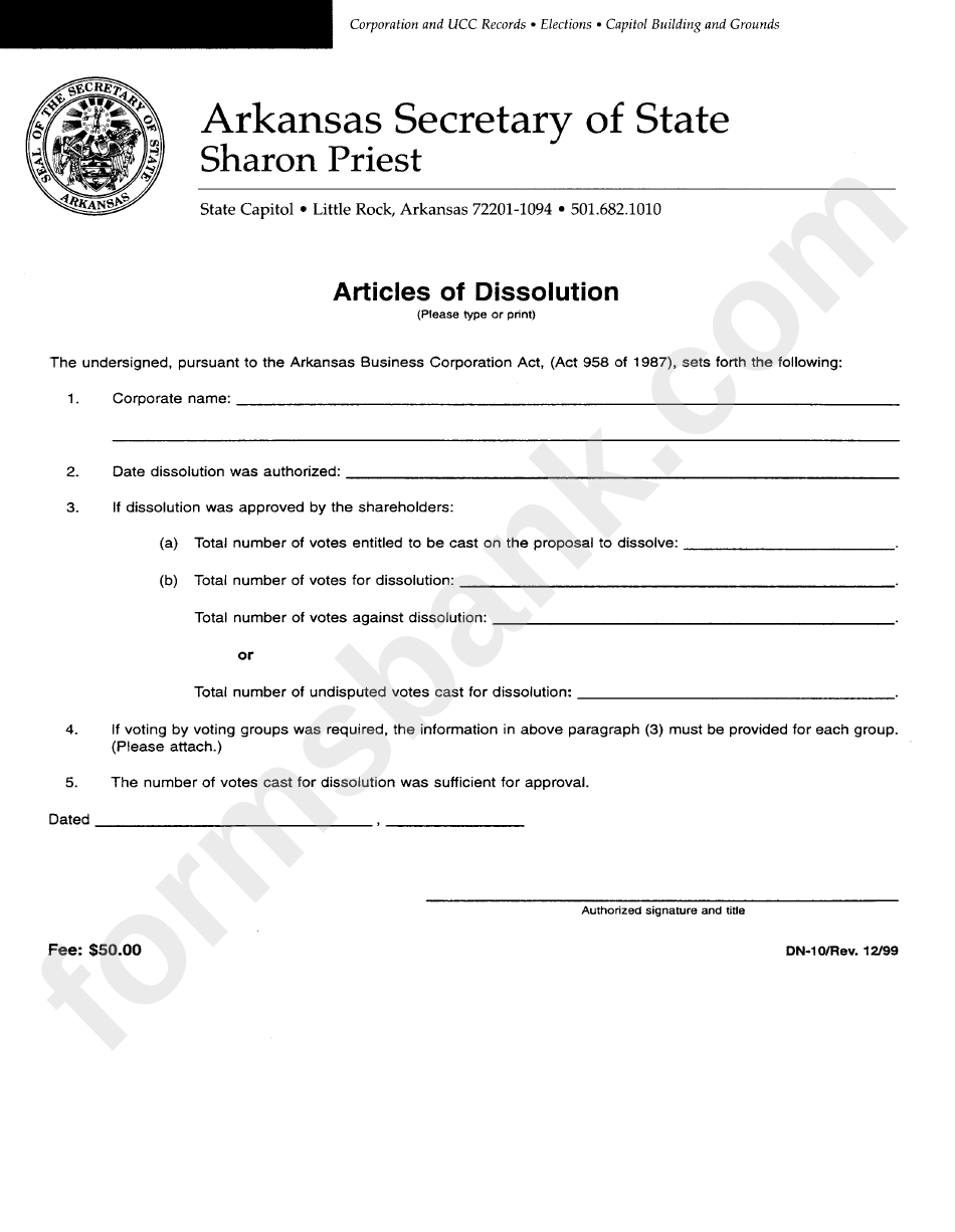 Form Dn-10 - Articles Of Dissolution