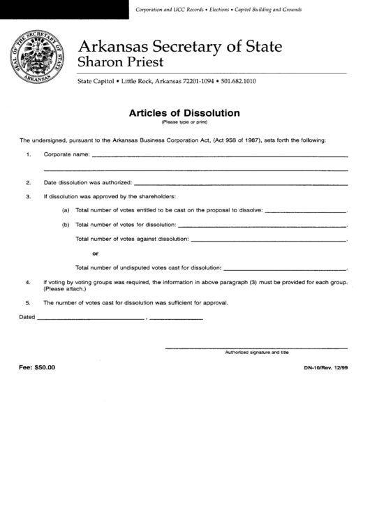 Form Dn-10 - Articles Of Dissolution Printable pdf