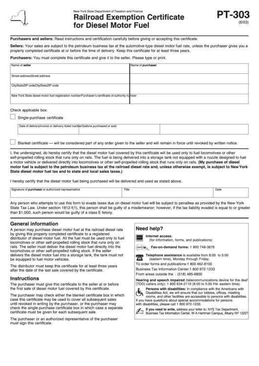 Form Pt-303 - Railroad Exemption Certificate For Diesel Motor Fuel - New York State Department Of Taxation And Finance Printable pdf