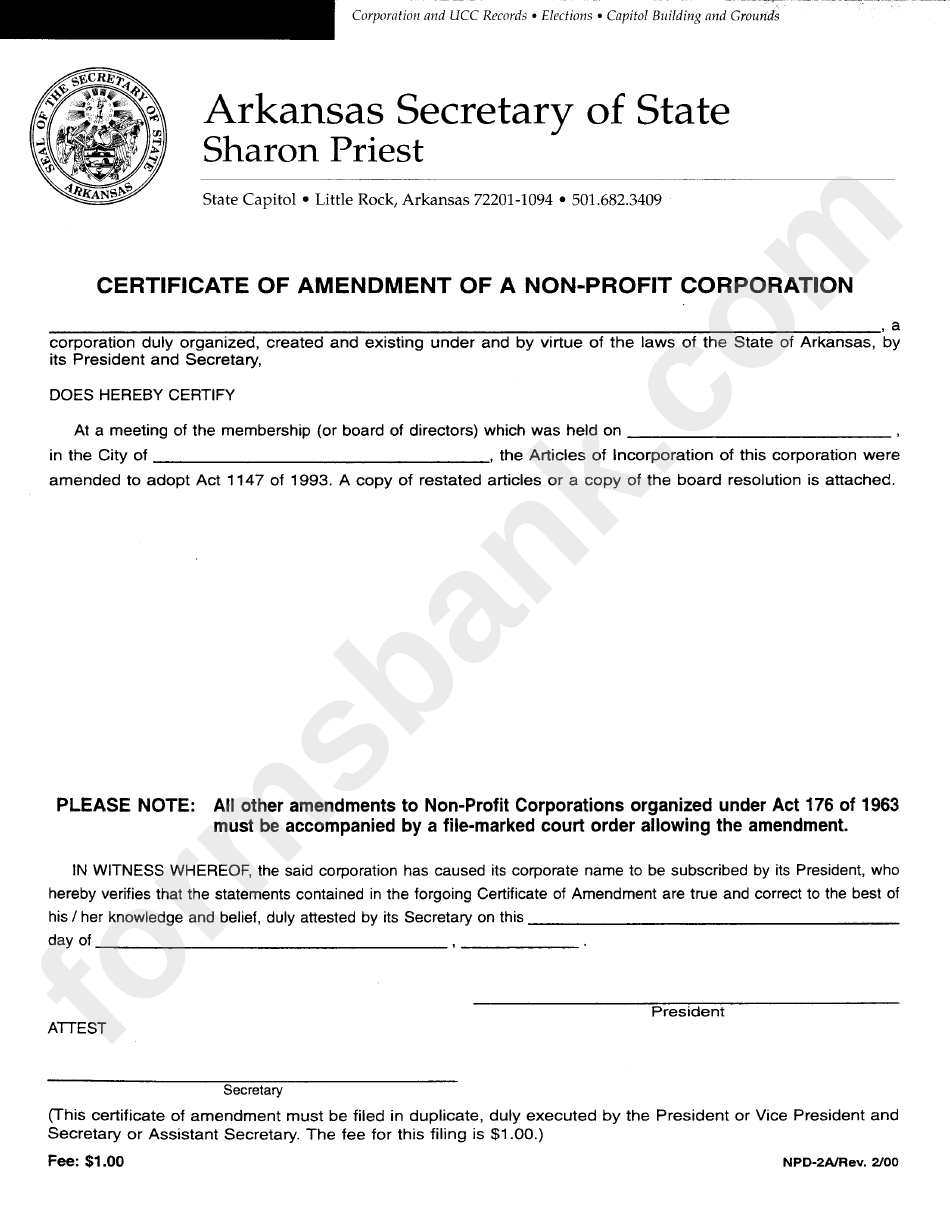 Form Npd-2a - Certificate Of Amendment Of A Non-Profit Corporation