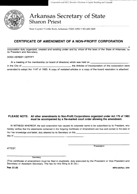 Form Npd-2a - Certificate Of Amendment Of A Non-Profit Corporation Printable pdf