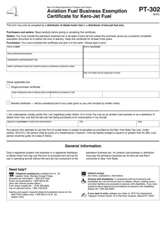 Form Pt-302 - Aviation Fuel Business Exemption Certificate For Kero-Jet Fuel - New York State Department Of Taxation And Finance Printable pdf