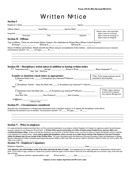 Fillable Form 129-01-004 - Written Notice Printable pdf