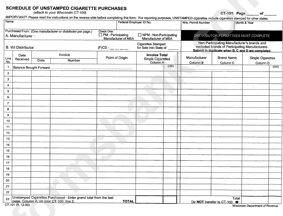 Form Ct101 - Schedule Of Unstamped Cigarette Purchases