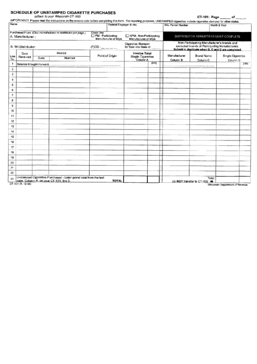 Form Ct101 - Schedule Of Unstamped Cigarette Purchases Printable pdf