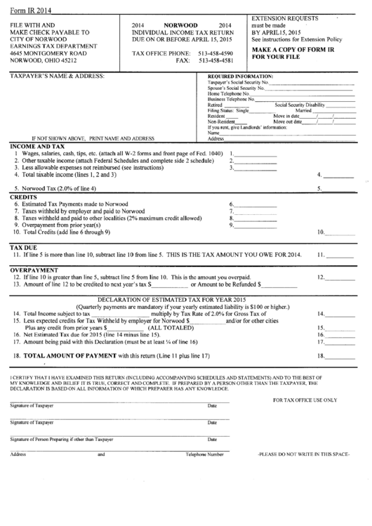 Form Ir 2014 - Individual Income Tax Return Printable pdf