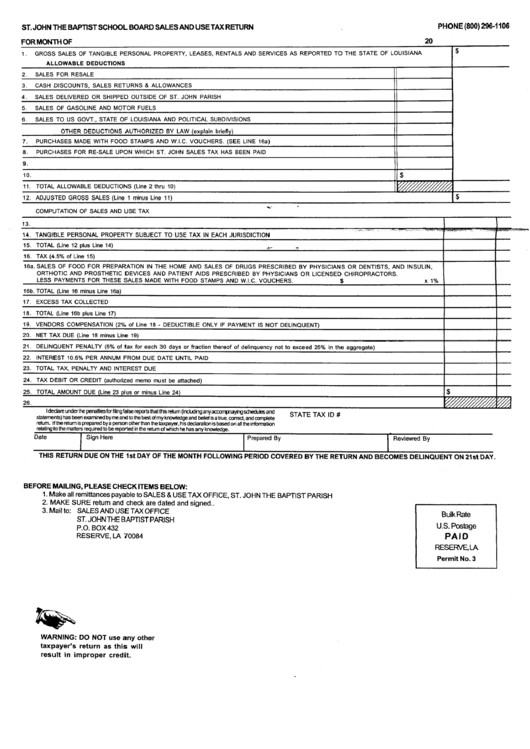 Sales / Use Tax Return Form - St. John The Baptist School Board Printable pdf
