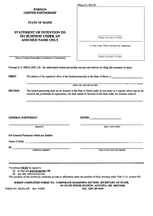 Form Mlpa-12f - St A Tement Of Intention To Do Business Under An Assumed Name Only Printable pdf