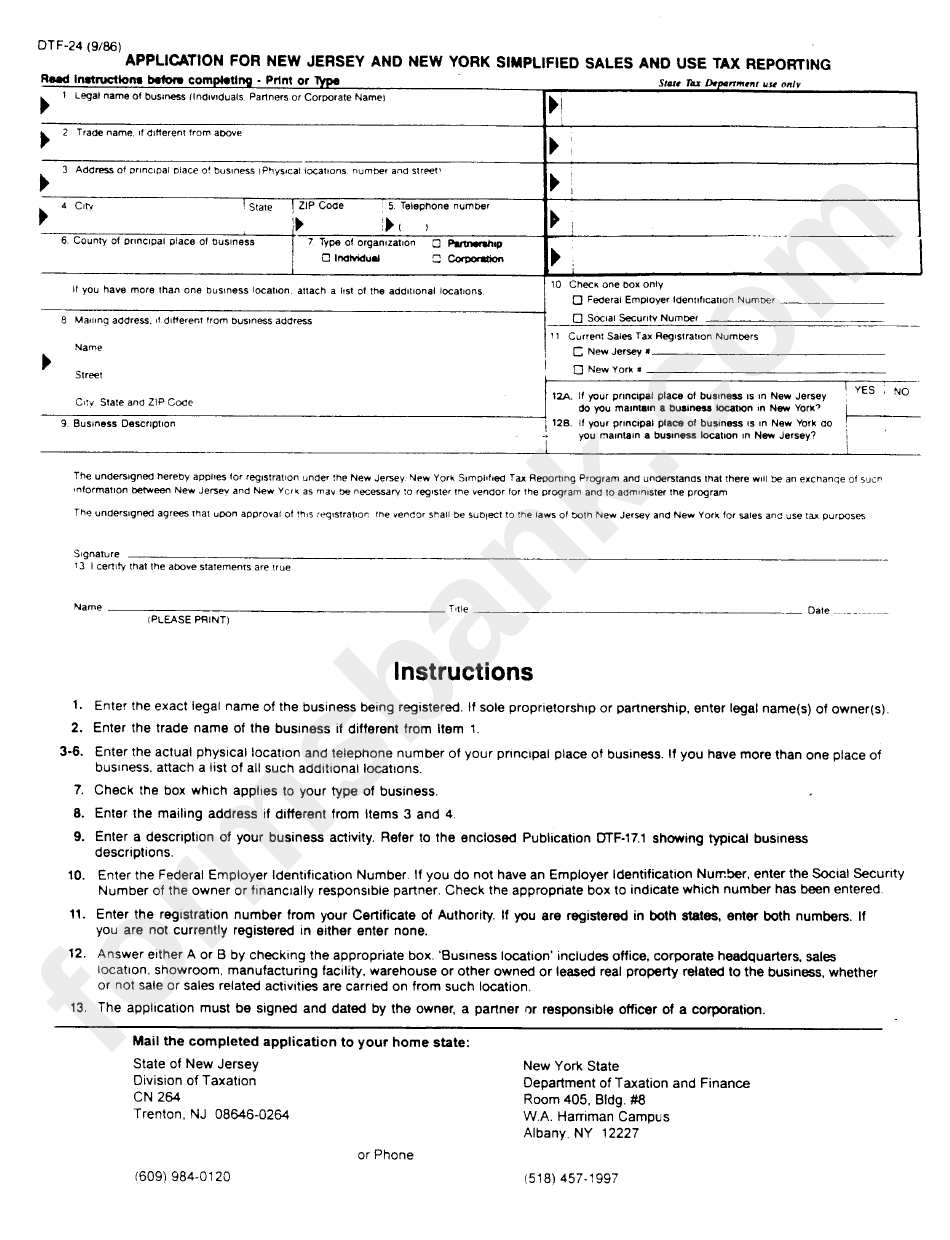 Form Dtf-24 - Application For New Jersey And New York Simplified Sales And Use Tax Reporting