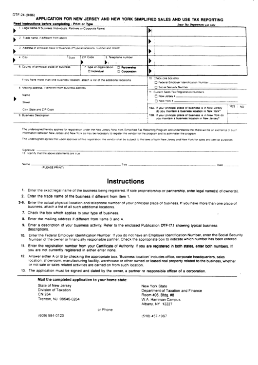 Form Dtf-24 - Application For New Jersey And New York Simplified Sales And Use Tax Reporting Printable pdf