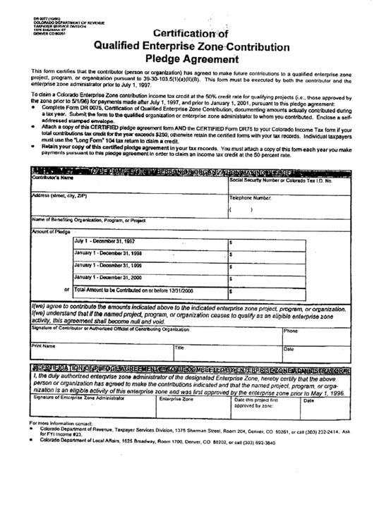 Fillable Form Dr 0077 - Certification Of Qualified Enterprise Zone Contribution Pledge Agreement Printable pdf