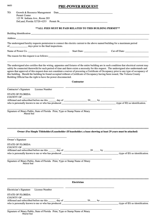 Pre-power Request Form