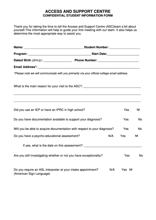 Fillable Confidential Student Information Form Printable pdf