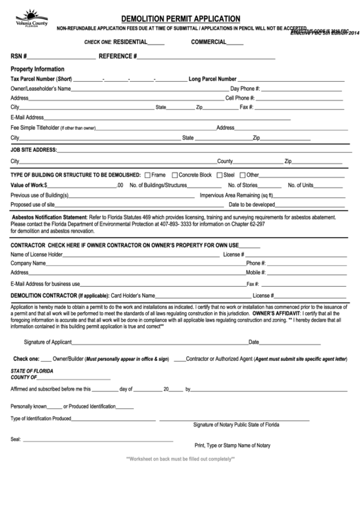 Fillable Demolition Permit Application Form Printable pdf