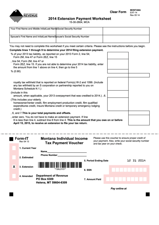 Fillable Form Ext-14 - Extension Payment Worksheet - 2014 Printable pdf