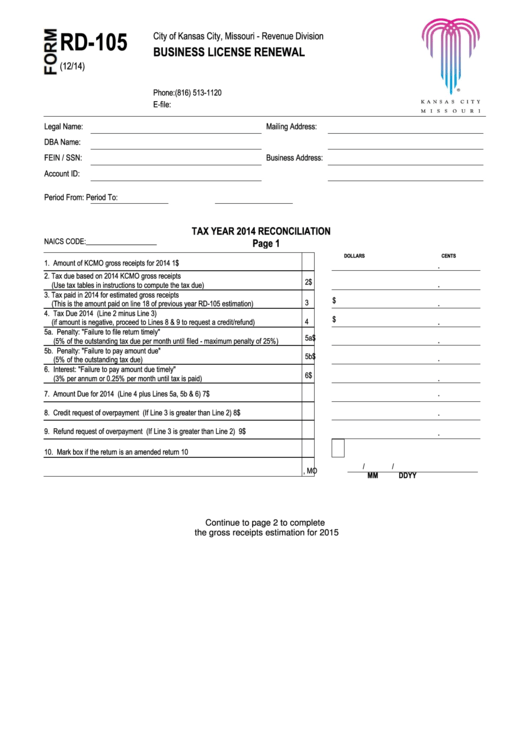Form Rd105 Business License Renewal 2014 printable pdf download