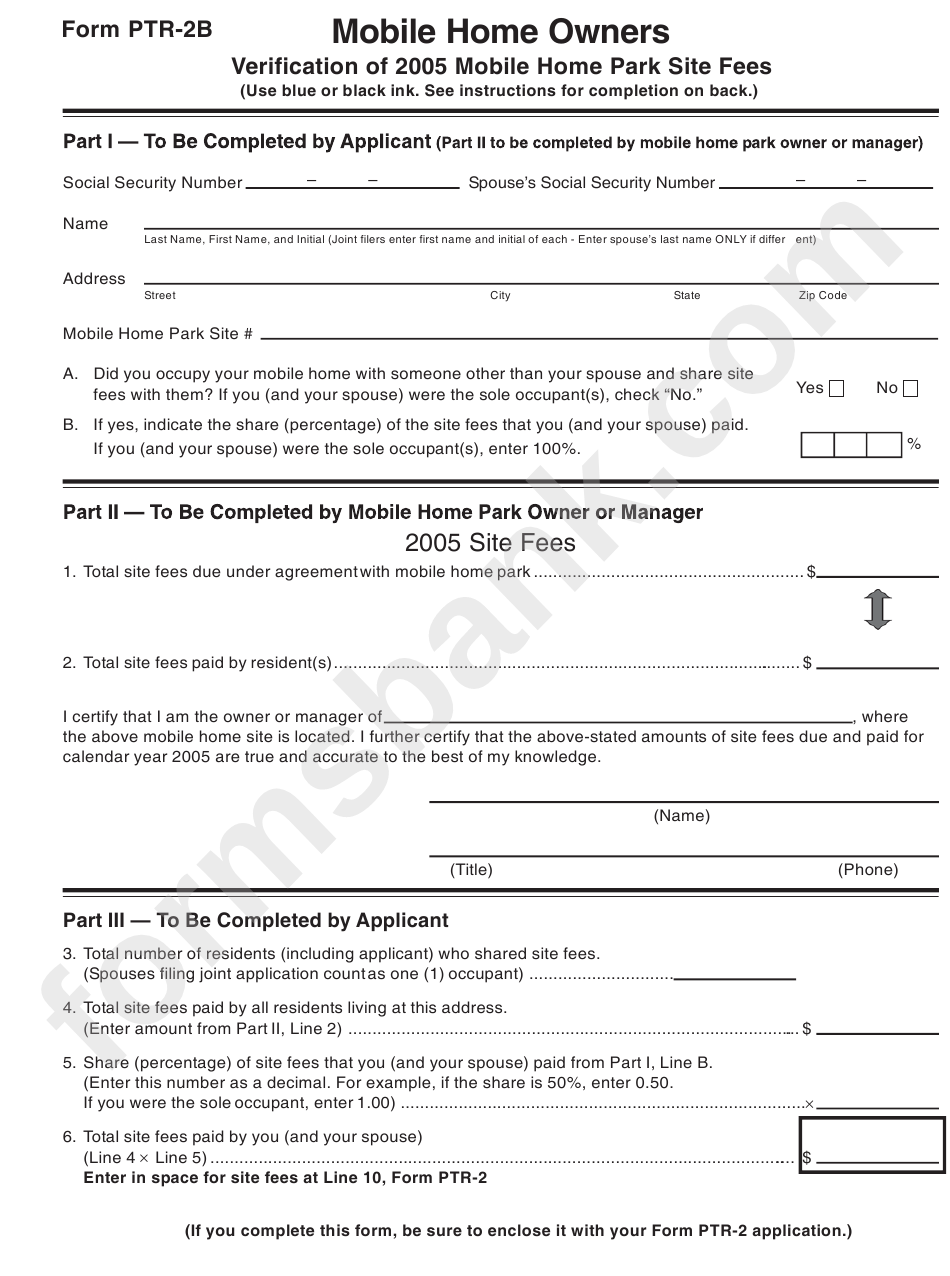 Form Ptr-2b - Mobile Home Owners - Verification Of 2005 Mobile Home Park Site Fees