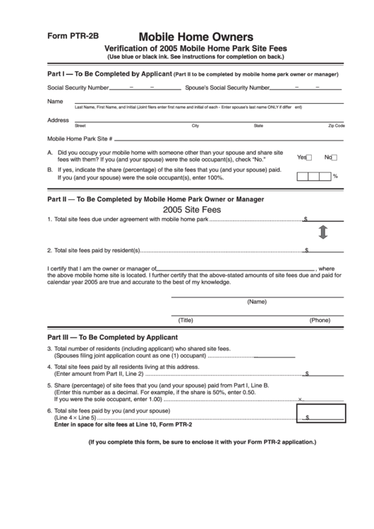 Form Ptr-2b - Mobile Home Owners - Verification Of 2005 Mobile Home Park Site Fees Printable pdf